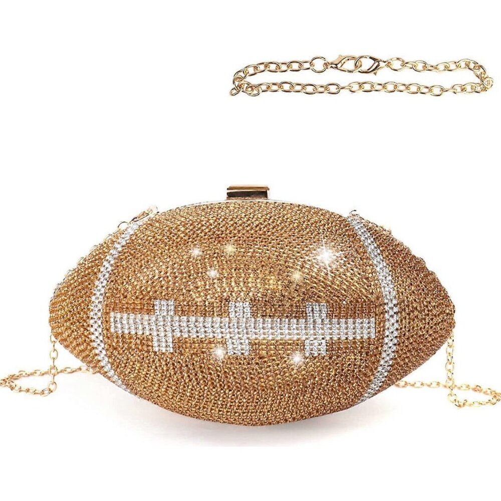 Bling Rhinestone Football Shaped Rugby Quirky Bag Purse Shoulder Handbag Gold - Picture 2 of 6